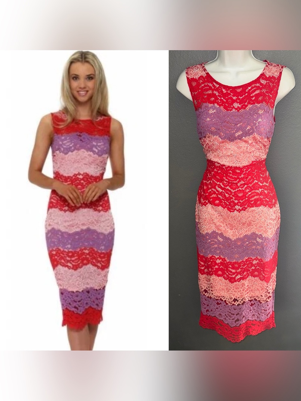 Paper Dolls London Lace Striped Bodycon Midi Dress Red Pink Purple Medium 8